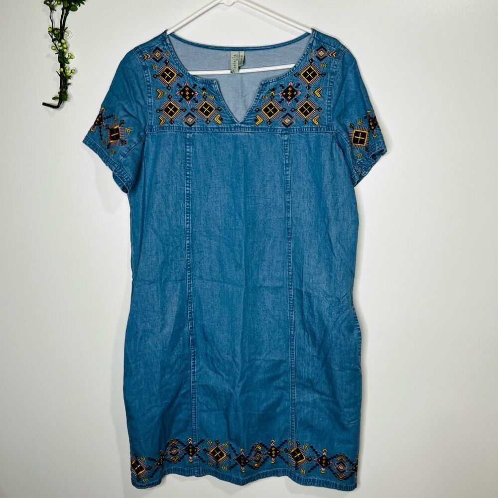 Sahalie Chambray Denim Embroidered Dress with Pockets
